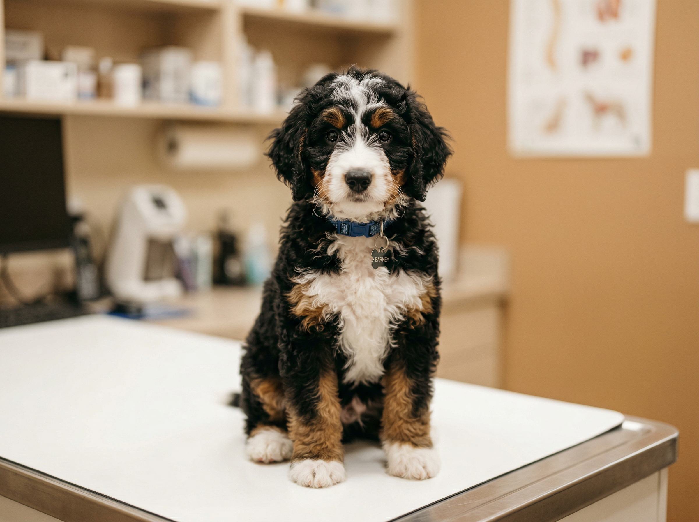 Puppy Love PR veterinarian completing final health evaluation before puppy placement