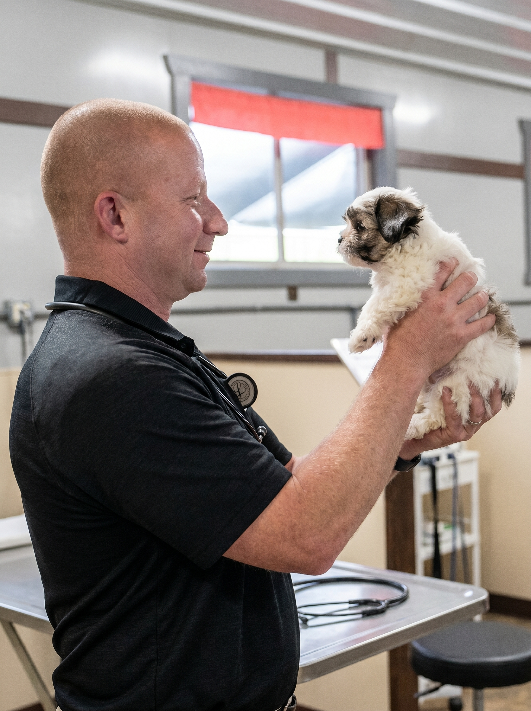 Licensed veterinarian conducting independent medical evaluation for a Puppy Love PR breeder