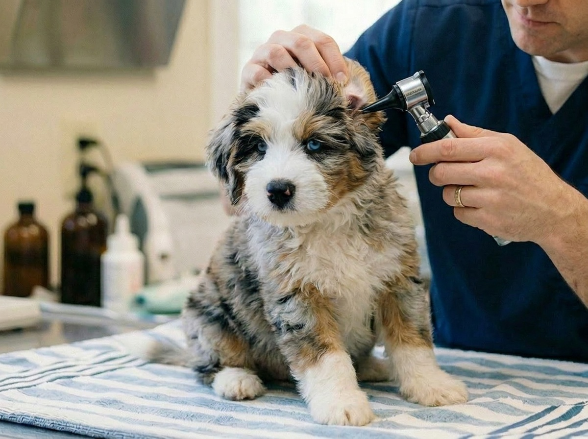 Veterinarian performing a pre-placement nose-to-tail examination on a Puppy Love PR puppy