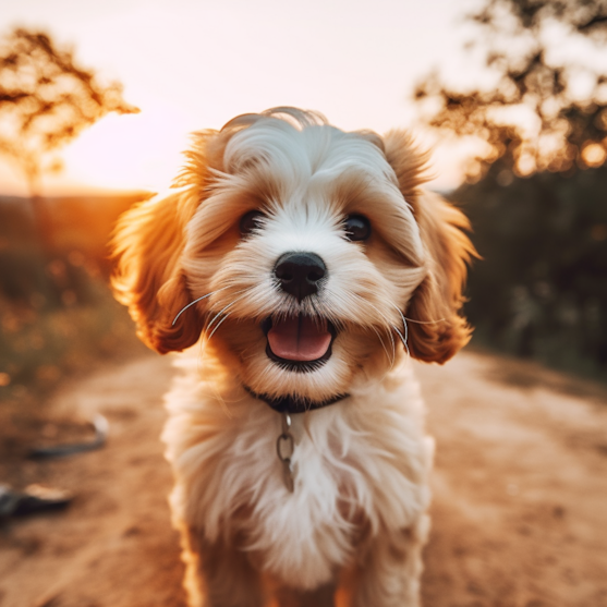 Cheerful Cavachon Puppy chasing after a ball in the grass Cheerful Cavachon Puppy
